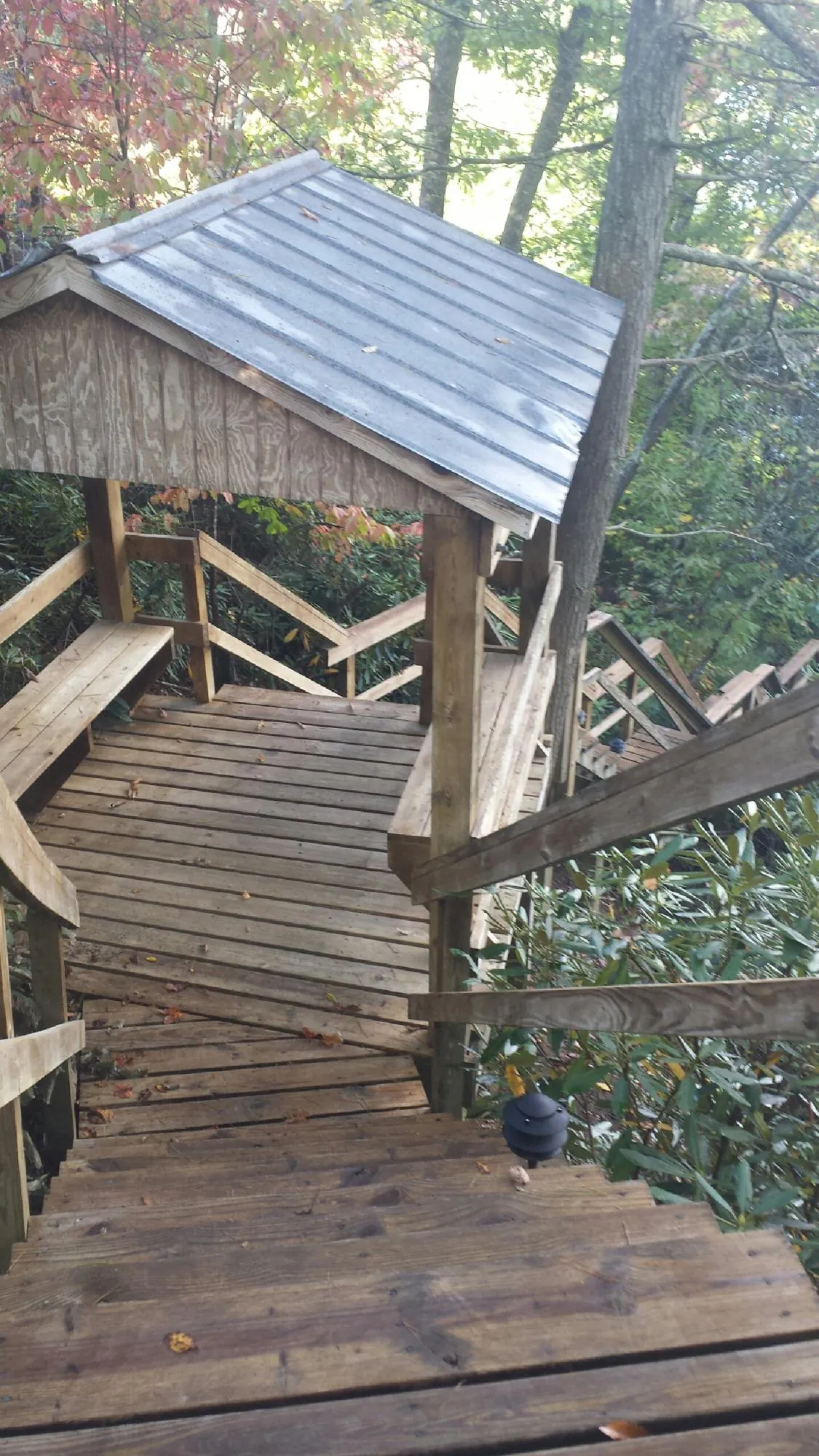 Metal roofed shelter over wooden steps on a wooded walkway — Skylight Repair & Installation work by our crew in Cooksville